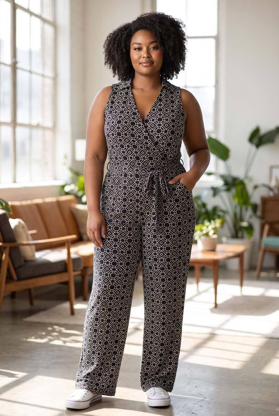 Nina Leonard Sleeveless Faux Wrap Geometric Print Jumpsuit with Belt